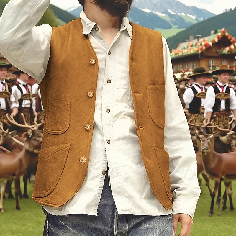 Men's Vest Gilet Outdoor Daily Fashion Casual Spring Fall Pocket Buttons Polyester Comfortable Plain Single Breasted One-button V Neck Regular Fit Brown Vest