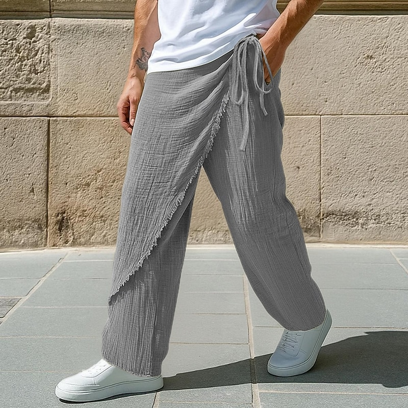 Men's Linen Pants Trousers Summer Pants Drawstring Elastic Waist Straight Leg Solid Color Plain Comfort Breathable Full Length Outdoor Casual Daily Vacation Fashion White Brown Inelastic3