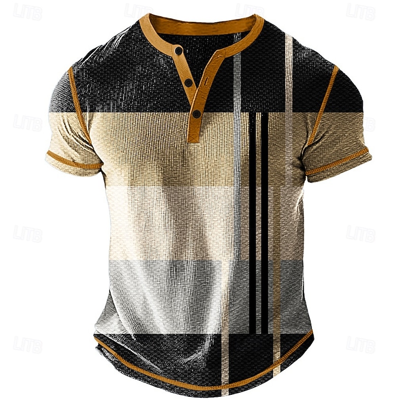 Men's Graphic Plaid Henley Shirt Waffle T Shirt Short Sleeve Daily Retro Vintage Classic Sports Outdoor Casual Holiday Spring & Summer All Seasons Grey Blue Green Purple Orange Henley Henley T-Shirt