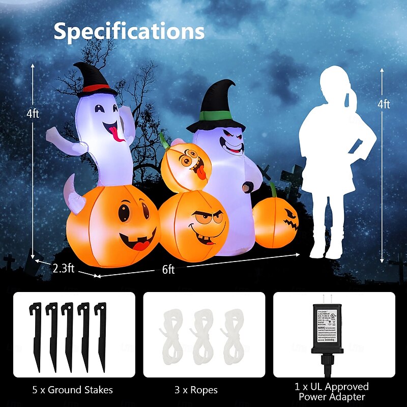 Costway 6 FT Long Halloween Inflatable Decor 4 Pumpkins & Ghosts w/ Built-in LED Lights4
