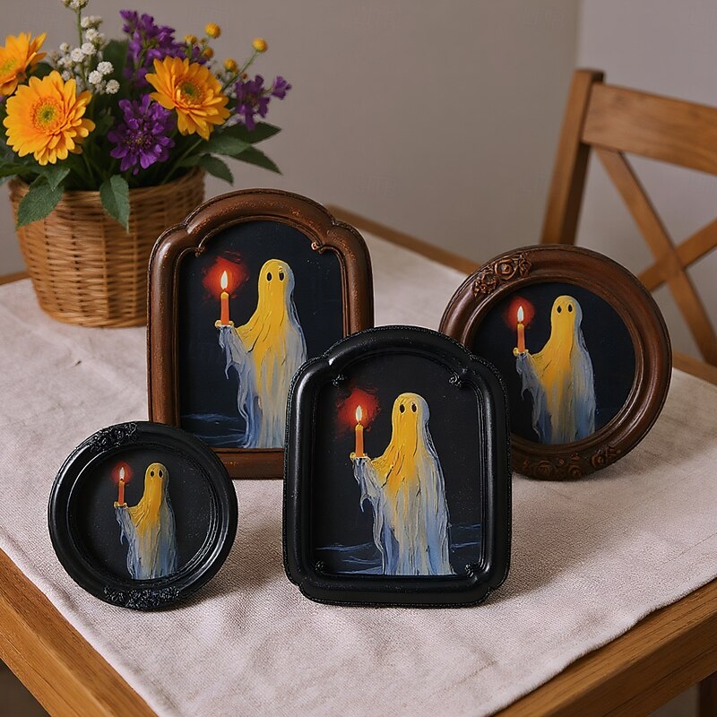 Halloween Resin Photo Frame Decor, Black and Brown Ghost Holding Candle Design, Round and Square Shapes for Home, Bedroom, Study, and Office Desktop Halloween Photo Display