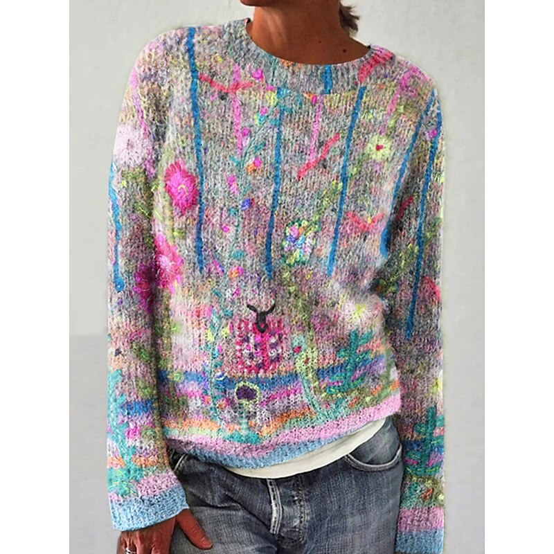 Women's Sweater Casual Soft Striped Ribbed Crew Neck Knitted Print Long Sleeve Regular Tops Knit Outdoor Daily Weekend Pink Blue Fall Winter3