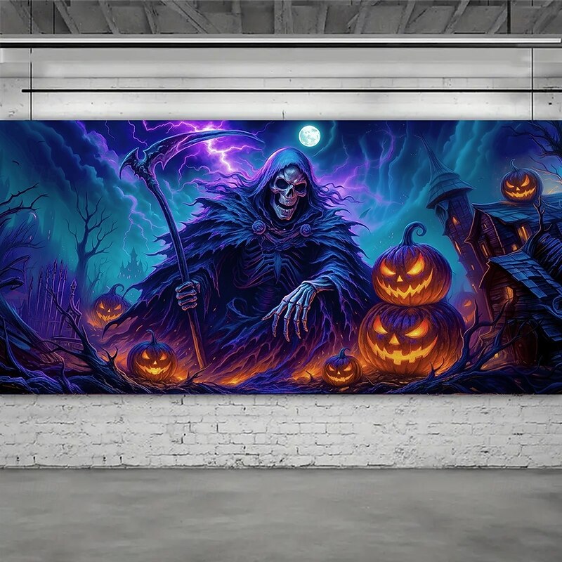 Halloween Garage Door Cover Neon Grim Reaper with Jack-o'-Lanterns Banner, Glowing Blacklight Backdrop Decoration for Holiday Outdoor Garage Door and Home Wall, 2025 Halloween Decorations3