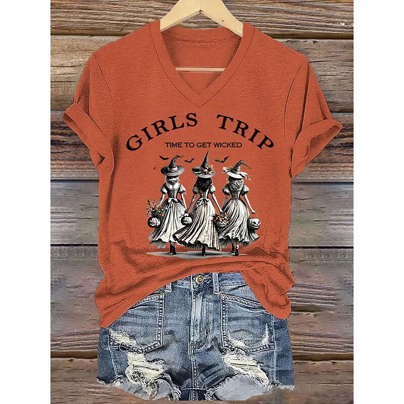 Halloween Women's T shirt Witch Graphic Letter Vintage Stylish Classic Short Sleeve V Neck Regular Tops Daily Print White Purple Orange Green Summer Spring2