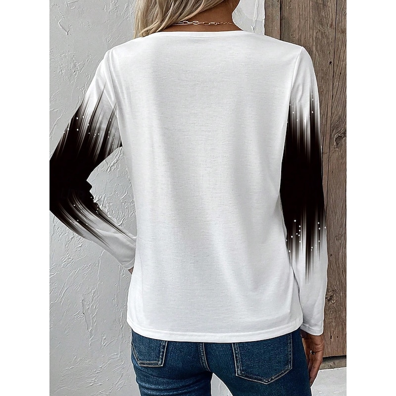 Women's T Shirt V Neck Long Sleeve Tunic Ombre Graphic Vintage Casual Regular Tops Daily Print Black Blue Fuchsia Spring Fall2