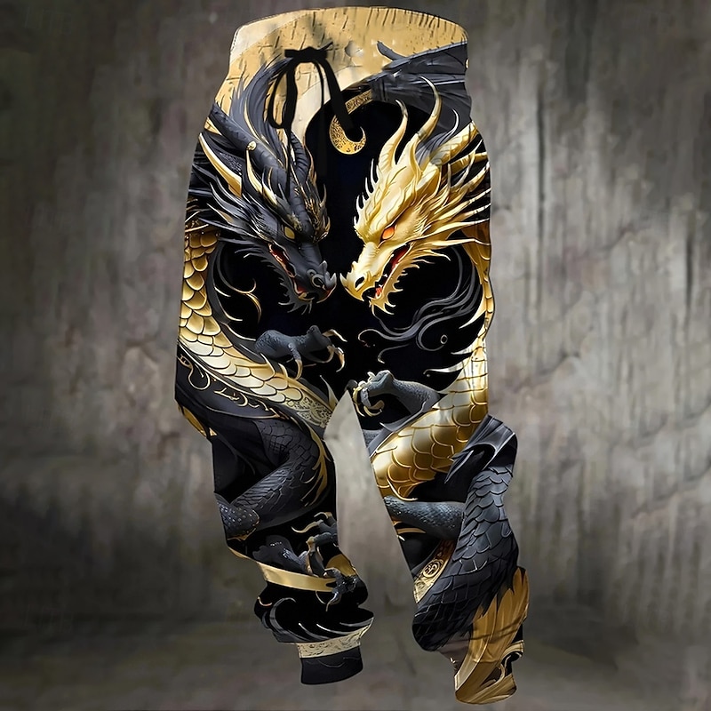 Men's Animal Dragon Sweatpants Joggers Trousers Mid Waist Drawstring Elastic Waist Casual Jogging Streetwear Workout Athletic Sweatpants with Pockets Spring Fall 3D Print Gold2