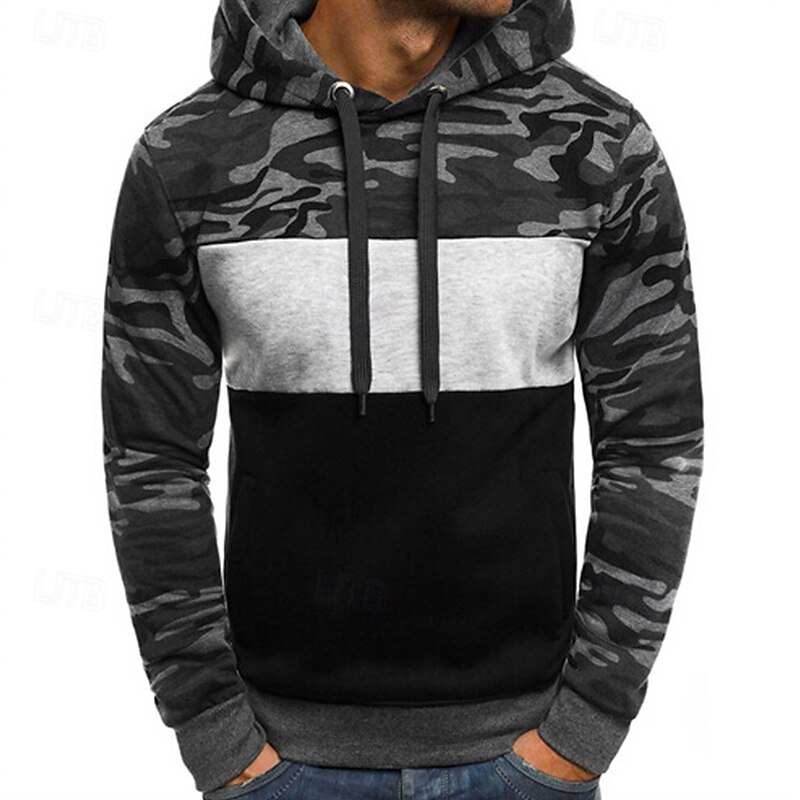 Men's Hoodie Pullover Hoodie Sweatshirt Fleece Hoodie Tactical Hoodie Light Grey Dark Gray Hooded Camouflage Pocket Sports & Outdoor Daily Streetwear Basic Casual Workout Fall Clothing Apparel Hoodies