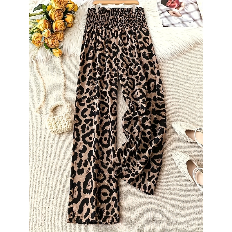 Women's Wide Leg Pants Trousers Streetwear Casual Long High Waist Leopard Printing Elastic Drawstring Design Breathability Soft Micro-elastic Vacation Street Daily Wear Yellow Coffee Gray Summer