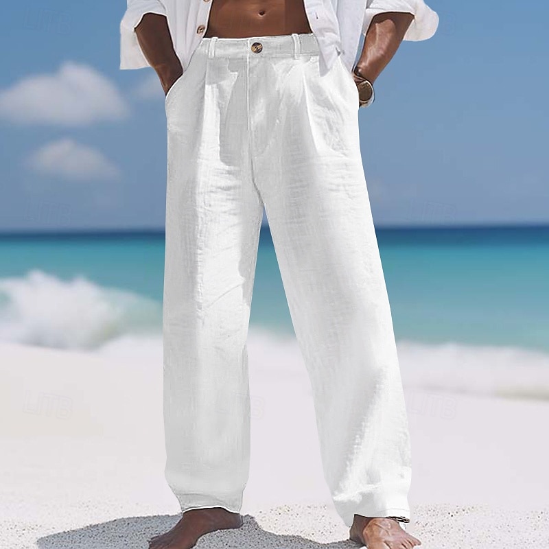 Men's Linen Pants Trousers Summer Pants Baggy Pants Beach Pants Elastic Waist Straight Leg Plain Comfort Breathable Full Length Casual Daily Holiday Vacation Fashion Black White Inelastic