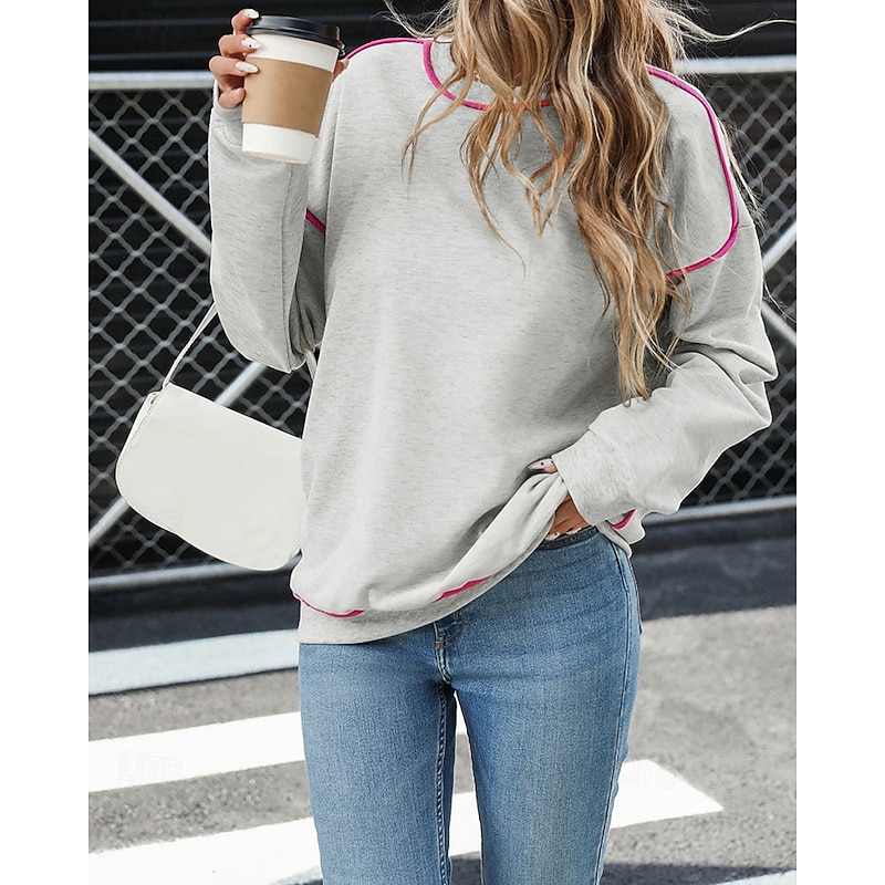 Women's Pullover Sweatshirt Sweatshirts Color Block Streetwear Casual Long Sleeve Crew Neck Regular Tops Street Going out Patchwork Light Grey Fall Winter3