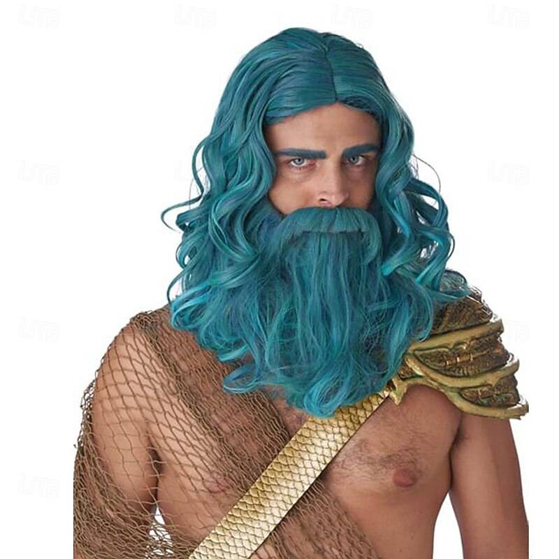 Teal Ocean King Wig and Beard Set – Synthetic Hair, Perfect for Halloween, Cosplay & Themed Parties