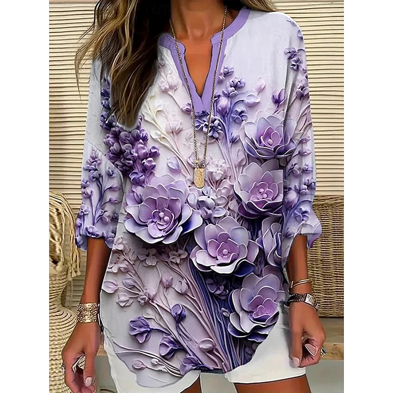 Women's Blouse Tunic V Neck Long Sleeve Boho Casual Floral Graphic Vintage Daily Stylish Notched Neck Regular Tops Daily Print Light Purple Fall
