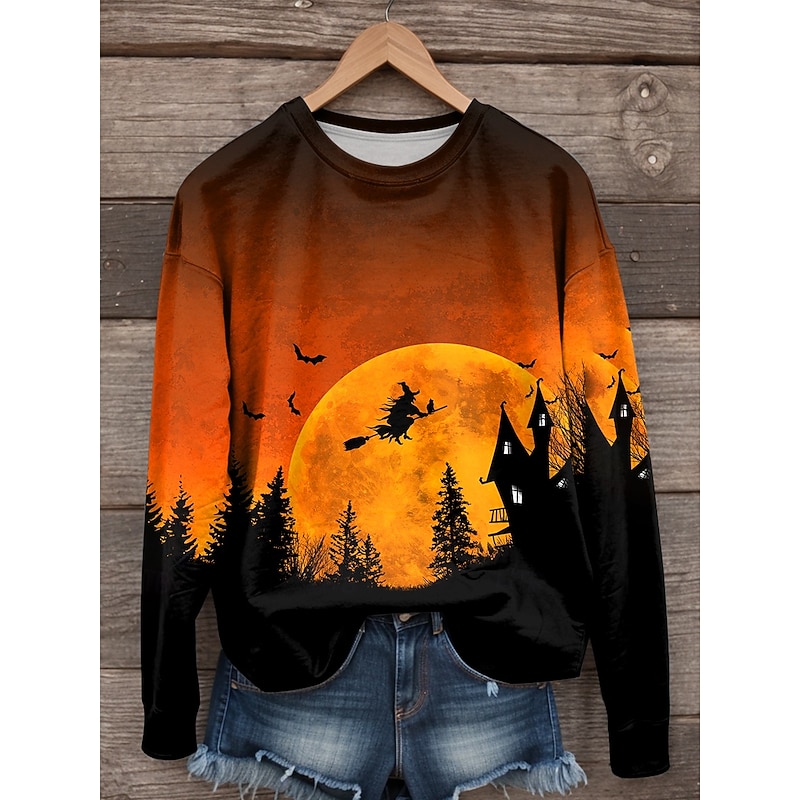 Halloween Women's Sweatshirts Witch Graphic Casual Long Sleeve Crew Neck Regular Tops Street Dailywear Print Black Yellow Orange Fall Winter