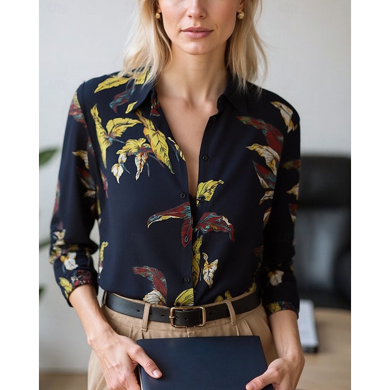 Women's Blouse Dressy Tops Chiffon Tops Floral Color Block Elegant Daily Stylish Long Sleeve Shirt Collar Regular Tops Work Daily Buttons Print White and Red Red / black Black Red Gray+White Spring
