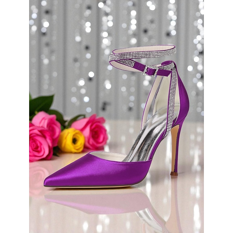 Women's Purple Satin Pointed Toe Stiletto Heels with Rhinestone Ankle Strap - Glamorous High Heel Dress Shoes for Ladies, Ideal for Cocktail Parties and Night Events