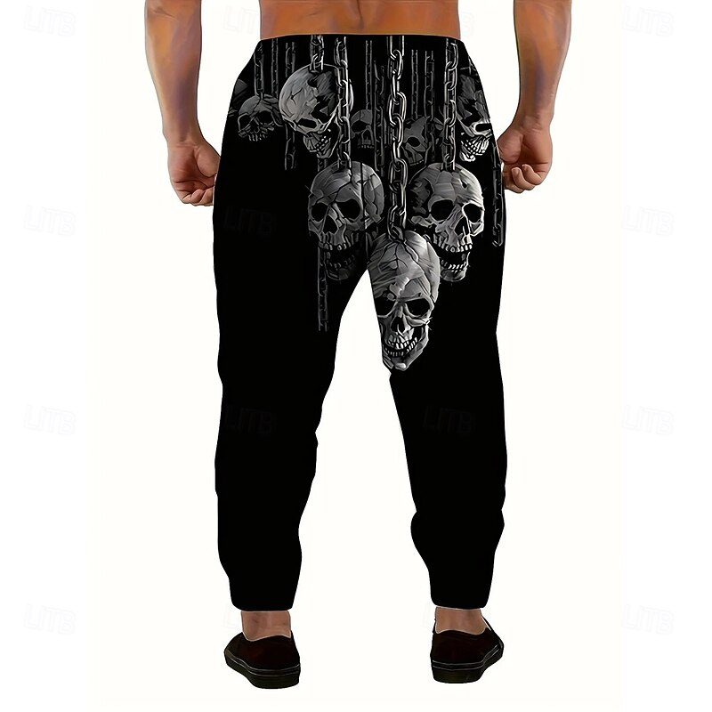 Men's Cool Skulls Chains Print Halloween Costumes Sweatpants Joggers Trousers Mid Waist Drawstring Elastic Waist Dark Gothic Style Jogging Streetwear Workout Athletic Sweatpants with Pockets Spring3