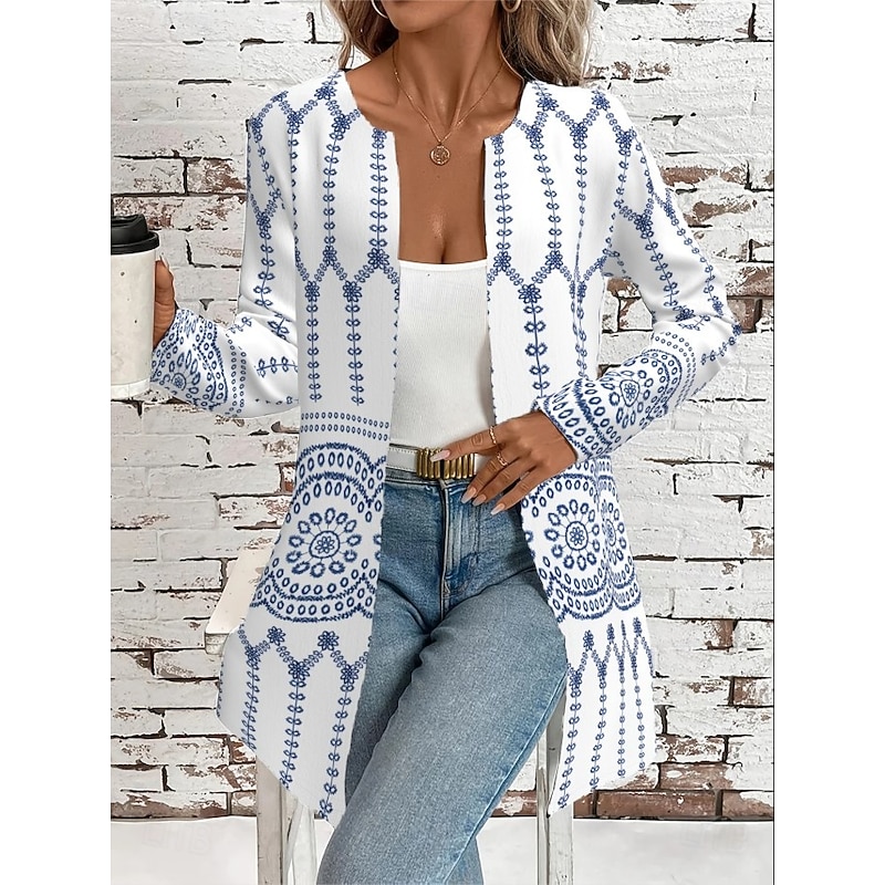 Women's Casual Jacket Comfortable Breathable Pocket Open Front Elegant Vintage Fashion Daily Geometric Vacation Daily Wear Regular Crewneck Long Sleeve With Pocket Loose Fit Long Sleeve Coat4