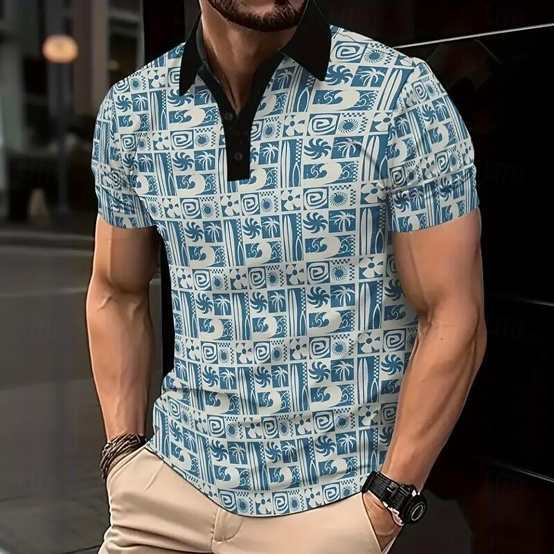 Men's Printing Polo Short Sleeve Polo Shirts Collared Shirts Casual Athleisure Buttons Summer Blue