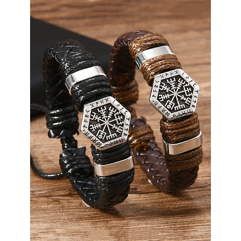 Men's Viking Rune Faux Leather Bracelet with Vegvisir Symbol – Adjustable Norse Style Woven Cuff for Men, Ideal for Gifting, Casual Outfits and Festivals2