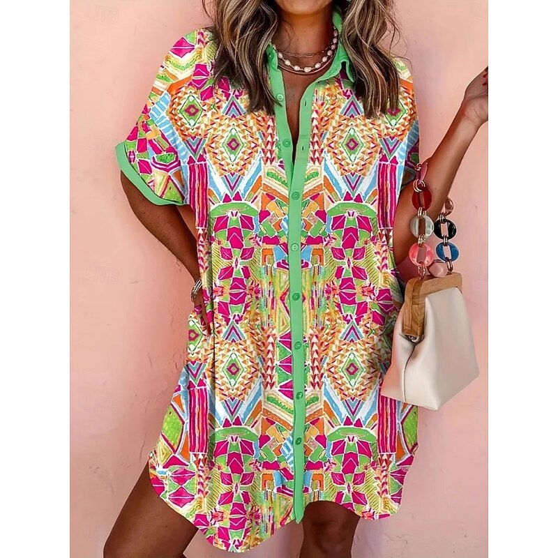 Women's Mini Dress Shirt Dress Casual Dress Summer Dress Vintage Daily Beach Weekend Regular Fit Geometric Color Block Short Sleeve Shirt Collar Green Summer