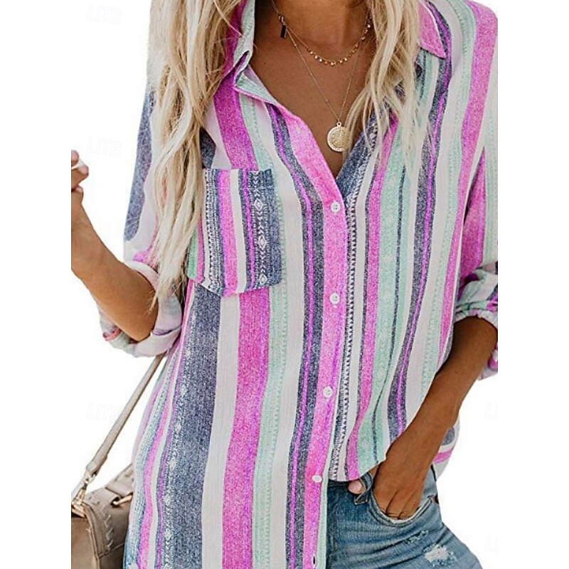 Women's Shirt Button Down Blouse Striped Stylish Casual Long Sleeve Shirt Button Down Blouse Collar Regular Tops Daily Buttons Print Pink Blue Orange Green Rose Pink Summer Spring4