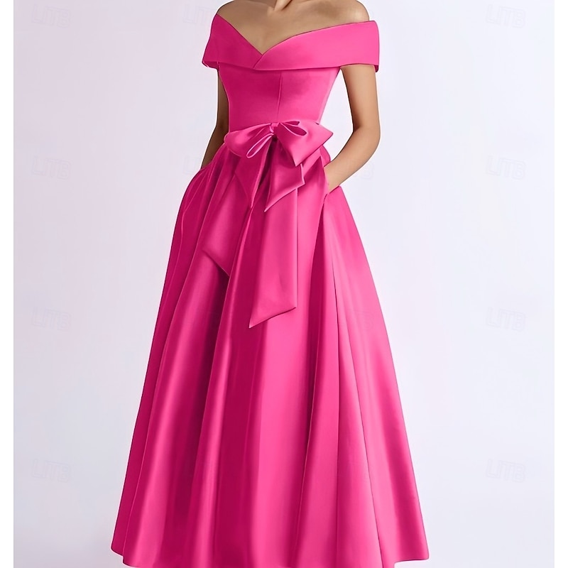 A-Line Cocktail Dresses Elegant Dress Wedding Guest Kentucky Tea Length Short Sleeve Off Shoulder Pocket Satin with Bow(s) Dresses3