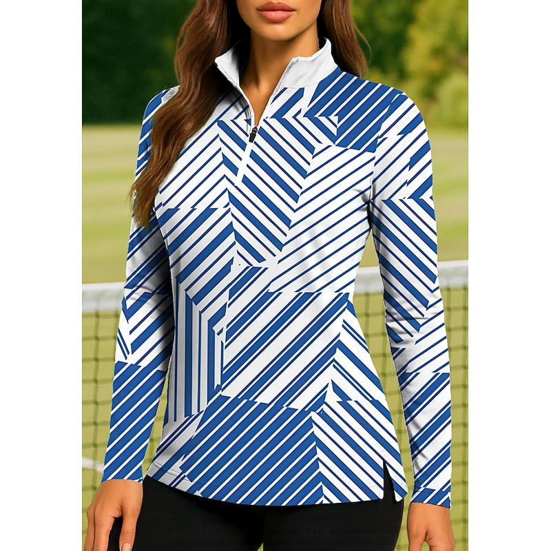Women's Geometric Tops Golf Polo Shirt Tennis Shirt Long Sleeve Print Quarter Zip Pullover UV Protection Elastic Breathable Tennis Golf Pickleball Zip Collar Shirt Polo Blue and White Tennis Clothing3