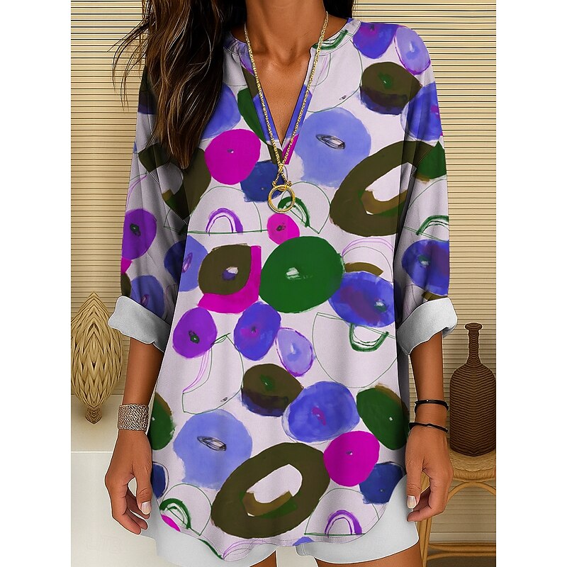 Women's Blouse Tunic V Neck Long Sleeve Boho Casual Graphic Geometric Polka Dot Vintage Daily Stylish Regular Tops Daily Print Yellow Pink Blue Purple Green Fall4