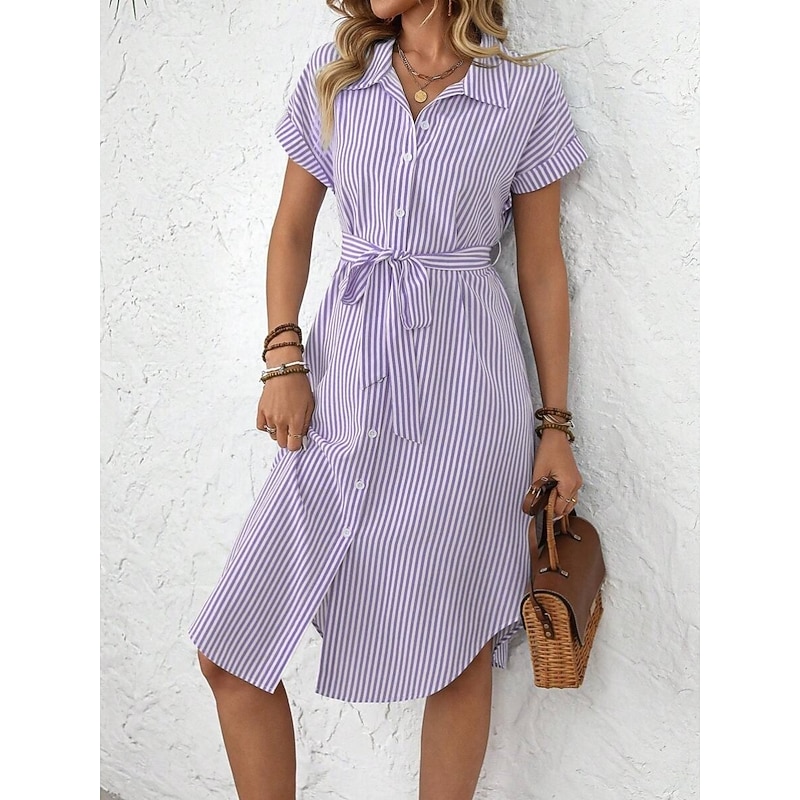 Women's Mini Dress Shirt Dress Casual Dress Summer Dress Fashion Modern Daily Beach Weekend Regular Fit Striped Short Sleeve Shirt Collar Purple Summer