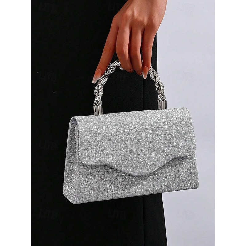 Women's Silver Glitter Handbag with Rhinestone Handle – Elegant Evening Shoulder Bag for Parties, Weddings and Cocktail Events