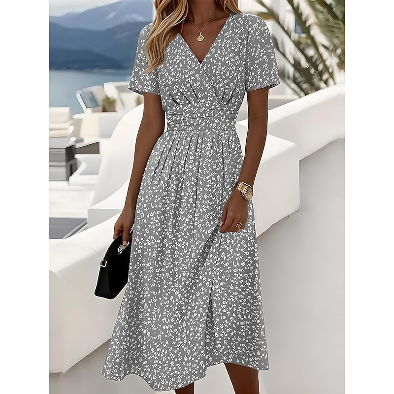 Women's Elegant Midi Dress A Line Dress Wrap Dress V Neck Short Sleeve Dress Sundress Regular Fit Floral Graphic Polka Dot Yellow Red Blue Purple2