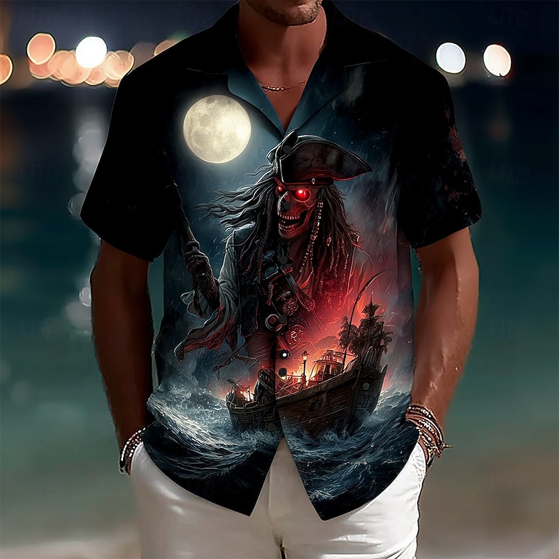 Halloween Men's Haunted Pirate Ship Nautical Pirate Shirt Cuban Collar Shirt Button Up Shirt Short Sleeve Dark Punk Gothic Style Holiday Streetwear Summer Camp Collar Shirt 3D Print Black