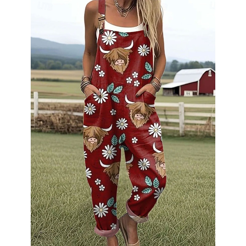 Women's Dungarees Active Floral Sleeveless Drawstring with Pocket Vacation Daily Loose Fit White Red Purple Summer4