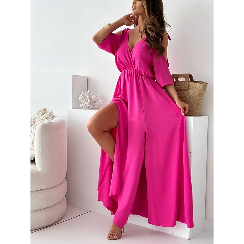 Women's Long Dress Maxi Dress Cocktail Dress Wedding Guest Dress Chiffon Swing Dress Fashion Modern Outdoor Vacation Weekend Regular Fit Plain Half Sleeve V Neck Black Red Fuchsia Summer Spring3