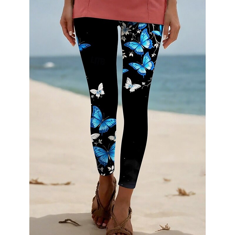 Women's Pants Trousers Leggings Cozy Leggings Streetwear Casual Full Length High Waist Floral Butterfly Elastic Waist Print Breathability Comfortable Stretchy Vacation Street Daily Wear Black White3