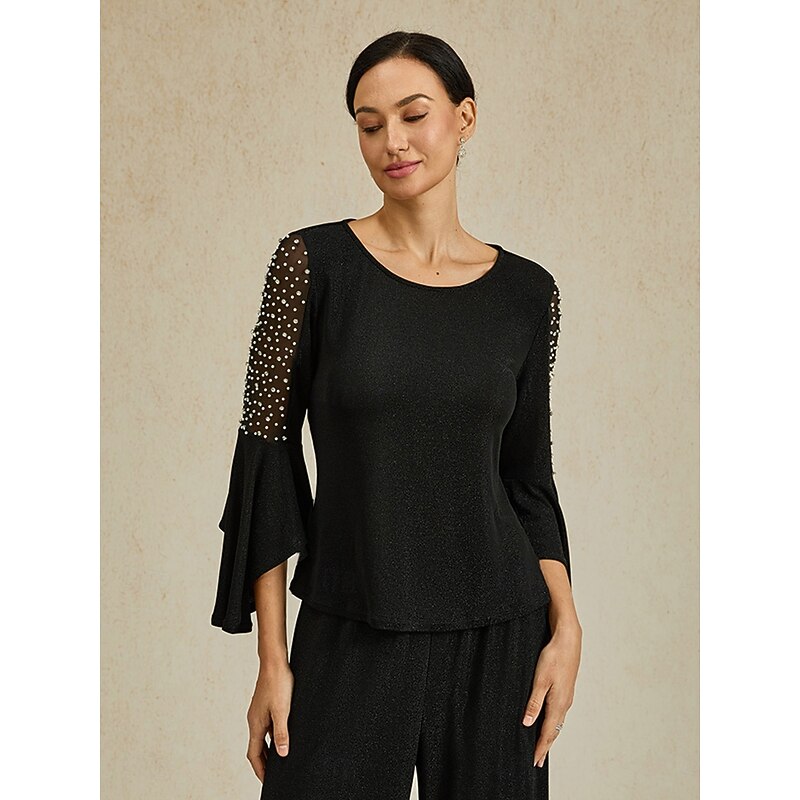 Women's Dressy Tops Elegant Daily Ladies 3/4 Length Sleeve Flutter Sleeve Boat Neck Regular Tops Wedding Guest Work Daily Ruffle Glitter Eyelet Black Spring Fall Winter4