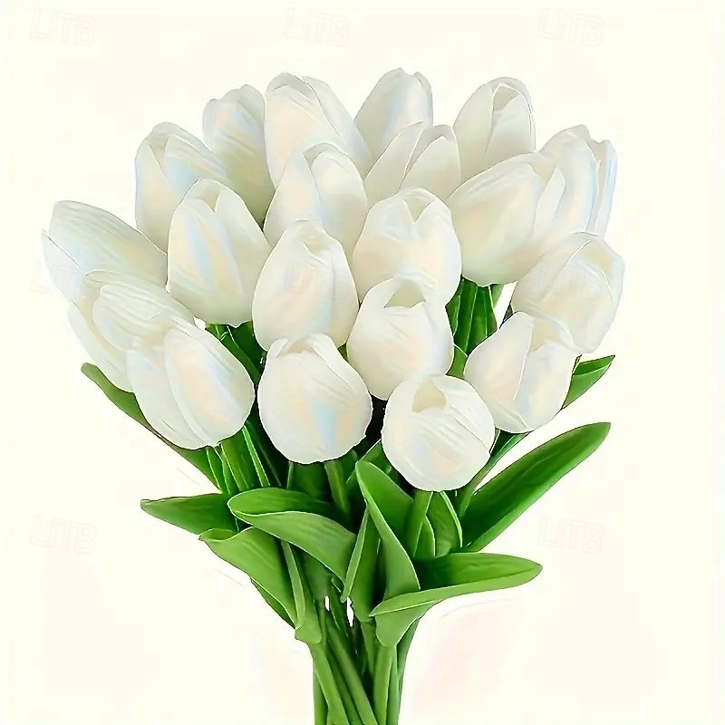 10pcs Realistic White Tulip Artificial Flowers with Lush Green Leaves – Durable PU Material for Weddings, Engagements, and Home Decor – Battery-Free Wedding Floral Arrangement3