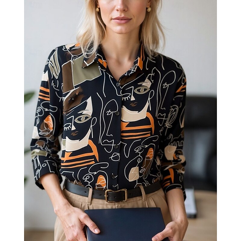 Women's Blouse Dressy Tops Chiffon Tops Color Block Star Elegant Daily Stylish Long Sleeve Shirt Collar Regular Tops Work Daily Buttons Print Black White Orange Beige Spring, Fall, Winter, Summer2