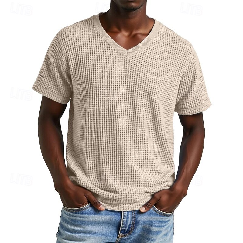 Men's Waffle Tee T Shirt Tee Short Sleeve Shirt Short Sleeve V Neck Summer Plain Fashion Designer Basic Jacquard Vacation Street Going out Apricot Black Purple Top Tee for Men2