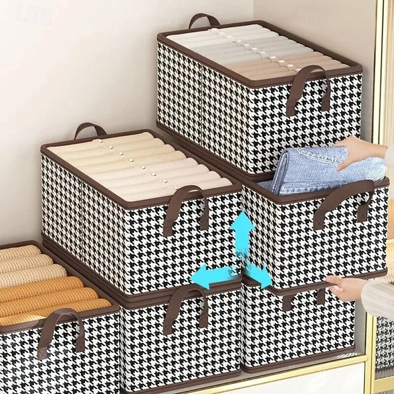 2Pcs Foldable Jeans Organizer for Closet, Large Capacity Houndstooth Storage Box, Dustproof Foldable Clothes Storage Bin for Home Organization4