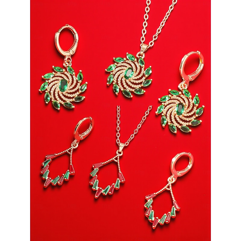 Women's Christmas Jewelry Set – 2-in-1 Gold-Plated Green Crystal Earrings & Necklace Styles, Holiday Accessories for Festive Party Looks3