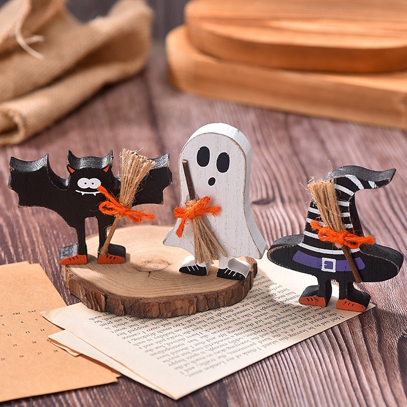 Halloween Wooden Ghost and Bat Tiered Tray Decor, Spooky Halloween Tabletop Ornaments, Rustic Wooden Signs for Tiered Tray Display and Party Decorations3