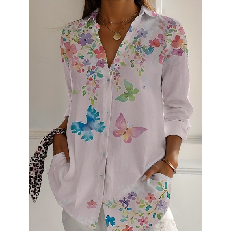 Women's Shirt Floral Butterfly Active Daily Stylish Long Sleeve Shirt Collar Regular Tops Daily Holiday Buttons Print Black White Pink Purple Green Spring Fall4