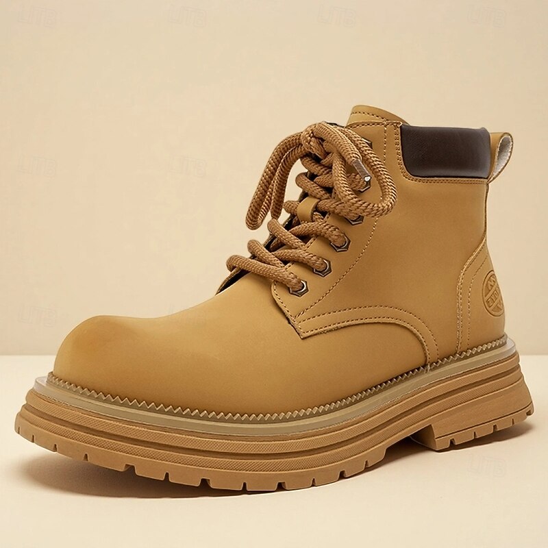 Men's Tan Faux Leather Work Boots – Casual Lace-Up Outdoor Ankle Shoes for Construction, Hiking & Daily Use