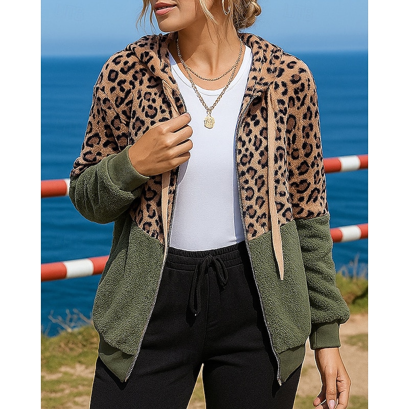 Women's Outdoor Recreation Coatv Polar Soft Fleece Jacket Drawstring Hooded Long Sleeve Top Athleisure Leopard prints Windproof Lightweight Warm Hiking Workout Athletic Sportswear Activewear White3