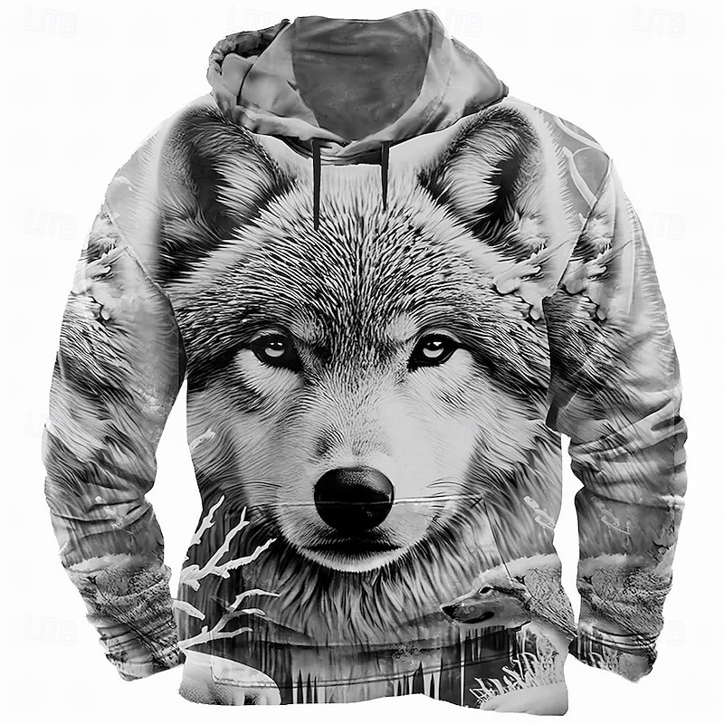 Men's Wolf 3D Hoodies Sweatshirt Cool Party Long Sleeve Crew Neck Club Streetwear White Blue Drawstring Fall Winter Designer