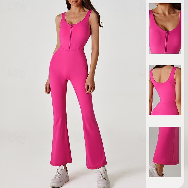 Women's Scrunch Yoga Romper Workout Jumpsuits Zipper Solid Color Bodysuit Rose Red Gym Dance Athletic High Waist Stretchy Breathable Tummy Control Sleeveless Sport Activewear Tight Fit2