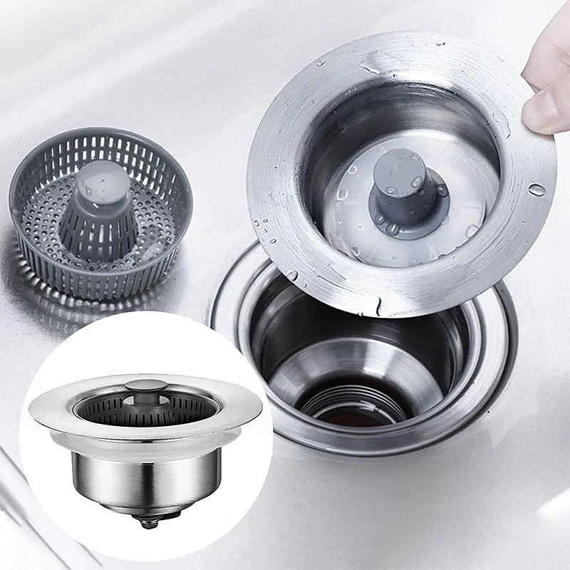 Kitchen Sink Odor Filter Stainless Steel Strainer Drain Stopper Basket for Vegetables Basin Universal Bouncing Core Anti-Clogging Dishwashing Sink Drain Plug