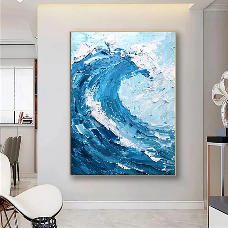 Hand-Painted 3D wave painting Dynamic Swirls waves oil paintings Hand-Textured Ocean Oil Painting  Bold Cobalt Waves in Black Gallery Frame painting ocean oil paintings