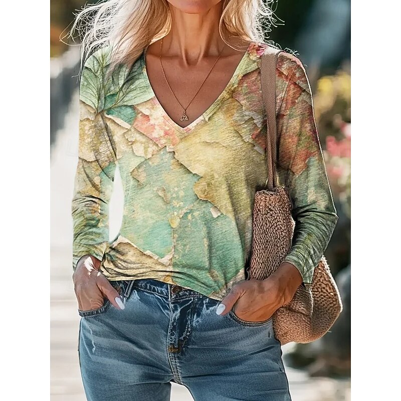 Women's Blouse Floral Bohemia Daily Long Sleeve V Neck Regular Tops Daily Holiday Print Sage Green Light Green Blue Orange Green Summer Spring Fall4